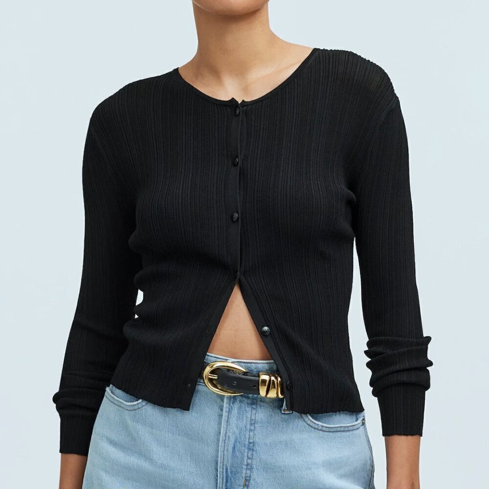 Madewell Micro-Rib Crewneck Long Sleeve Cardigan Black Size Xxs Nwt